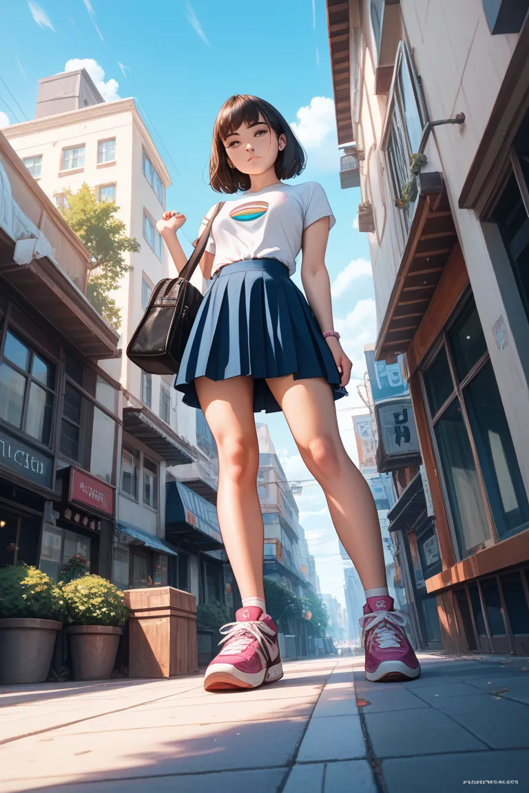 woman、 black hair、 Japanese、standing、 expressionless、 shirt、tight skirt、Sneakers、 bag、 view from below、outside、null、 Compa、ground、square pebbles、between shoes、Next to shoes、It's straddling、perspective