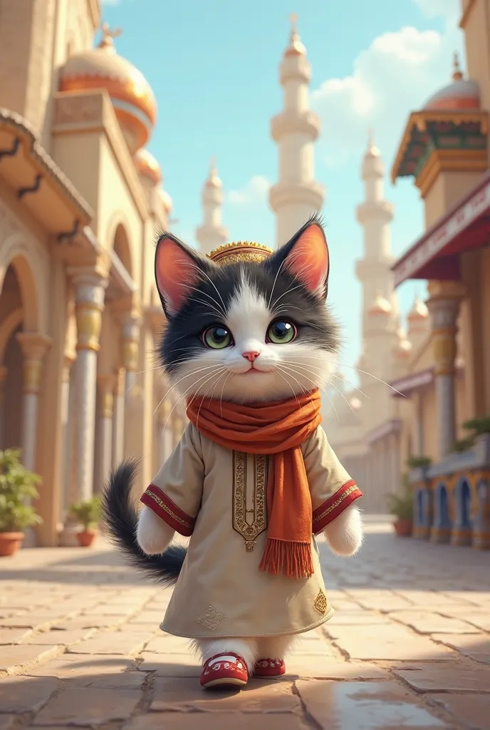 A fluffy white and black kitten in casual clothes with saroong and kopiyah, walking in the mekkah, view from the back