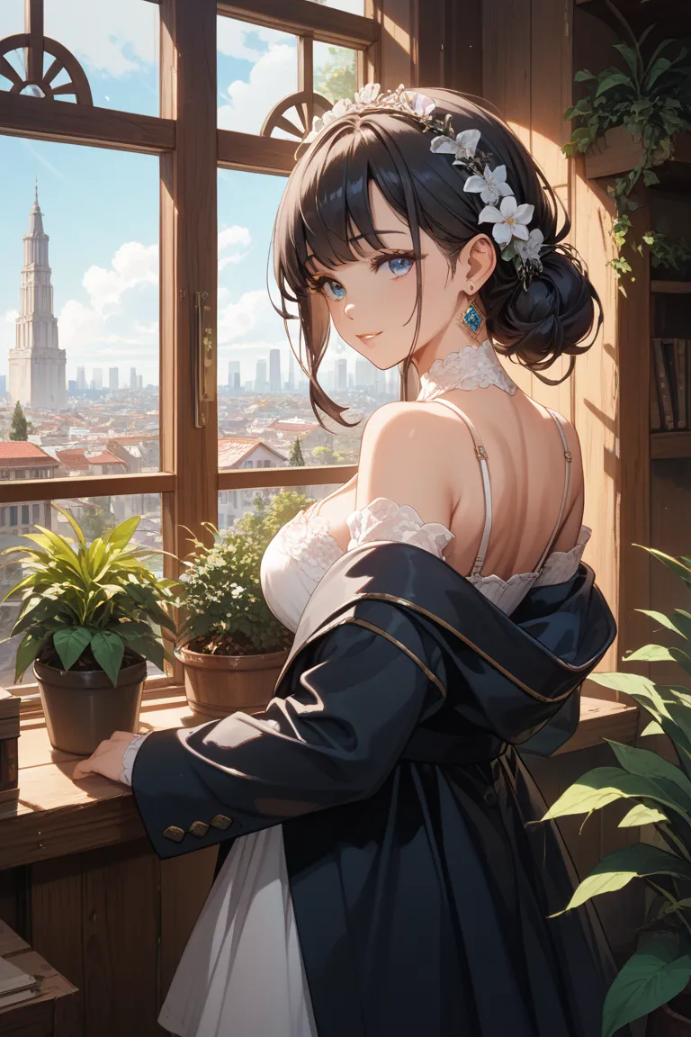 A beautiful young woman with long black hair and fair skin stands near a wooden-framed window, bathed in soft natural light. She wears a delicate black lace nightdress paired with an oversized black blazer draped over her shoulders, giving her a slightly v...