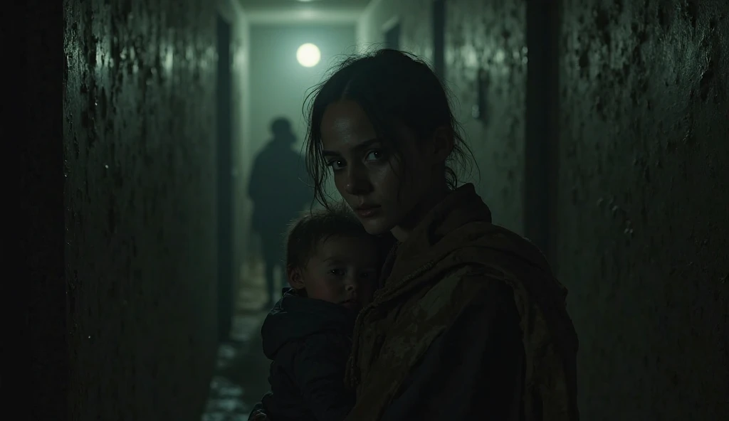  in a dark hallway, group of survivors hiding. A young woman holding her baby tightly