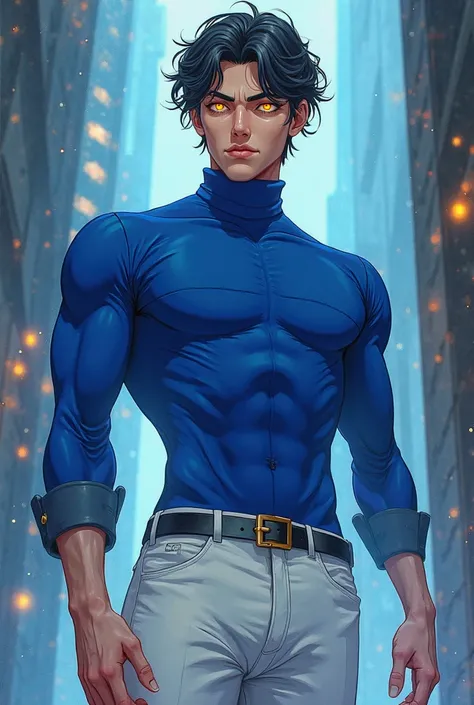 Anime guy, blue clothes and white pants, tall and had golden eyes 