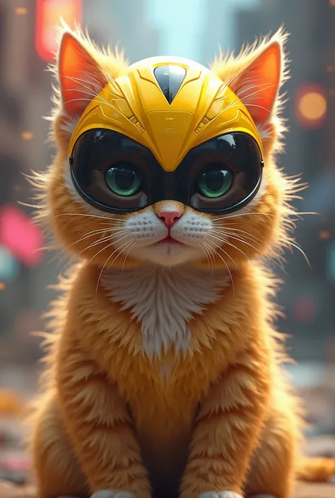 cute power ranger yellow cat with helmet on