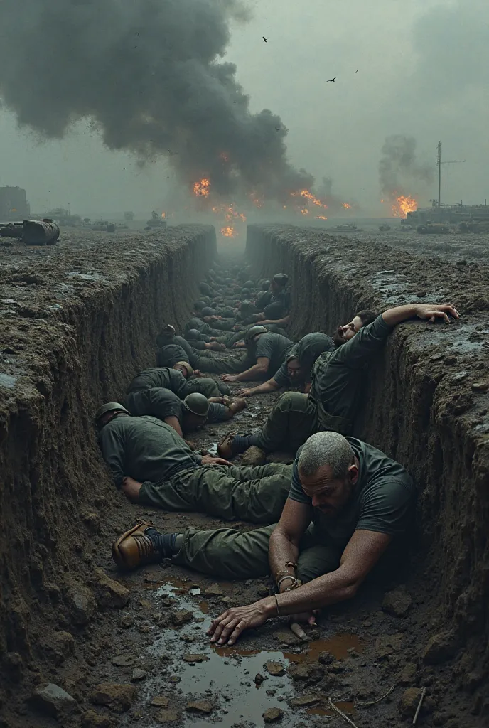 Under heavy dark clouds，tired soldiers curled up in crater-ridden trenches，Tremors in the midst of a distant roar，with broken arms and dark metal fragments scattered all around。