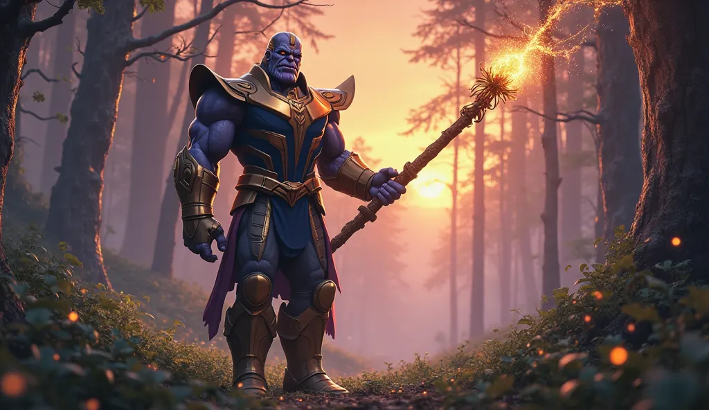 Pixar, ultra-detailed, hi-quality, cinematic, Thanos Black holding a long magic wand,twilight in the forest