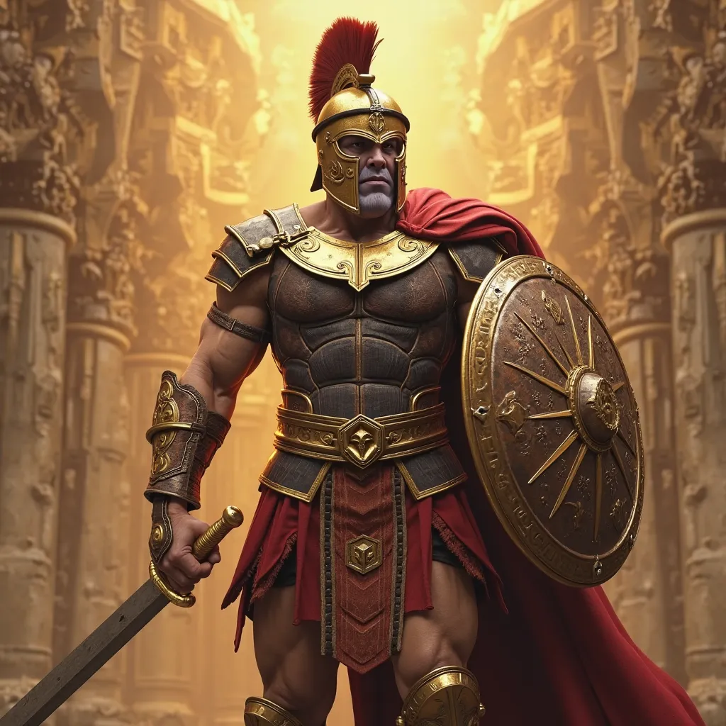 Highly detailed 3D image of a European Spartan warrior, portant l'armure et l'épée de Thanos, combat movement. Écrit « ARMADA-SIR » en grosses lettres lisible derrière lui, non-realistic background filled with golden light