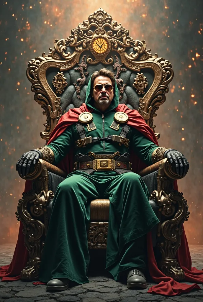 8k quality Dr doom without mask as Robert Downey jr sitting on a deadliest throne of multiverse in style 