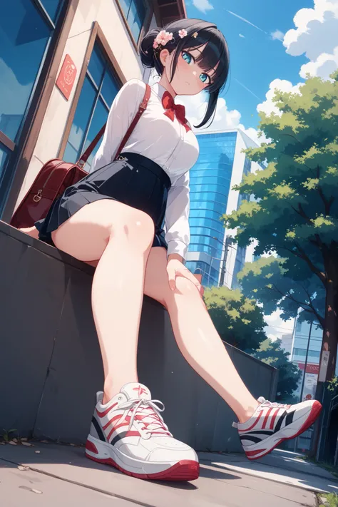 woman、 black hair、 Japanese、standing、 expressionless、 shirt、tight skirt、Sneakers、 bag、 view from below、outside、null、 Compa、ground、Pebble、next to shoes、falling {x} straddling、Next to shoes、It's straddling、perspective