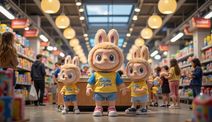 "A group of Labubu dolls is standing in front of an Indomaret convenience store. One Labubu is wearing a shirt with the words 'Irama Bocil' printed on it, surrounded by friends who look cheerful and excited. The atmosphere at Indomaret is lively, with many...