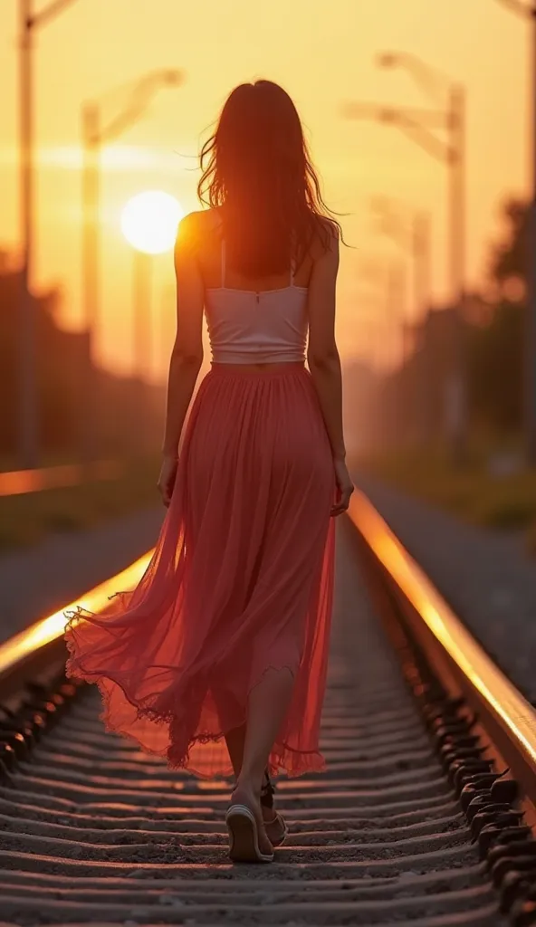 Beautiful 25 year old Asian girl, wearing long skirts that are torn off the art of flying slightly in the wind, step by step she walks slowly on the rails, sunset sun glows the whole scene. Camera glides slowly from behind and turns to a divine close-up.