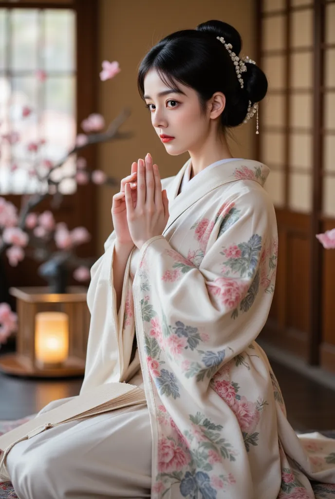 A photograph of a young woman in a traditional Japanese kimono with intricate floral patterns, kneeling on a wooden floor against a dark wooden wall. She has pale skin, delicate features, and dark hair styled in an elegant updo. Her serene expression and h...