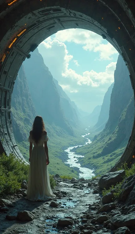 Inside a spaceship with a woman in nightgown, standing looking at a river, epic dream fantasy landscape, awesome fantasy landscape, beautiful alien landscape, futuristic landscape, futuristic valley, striking alien landscape, surreal alien kingdom, mystica...