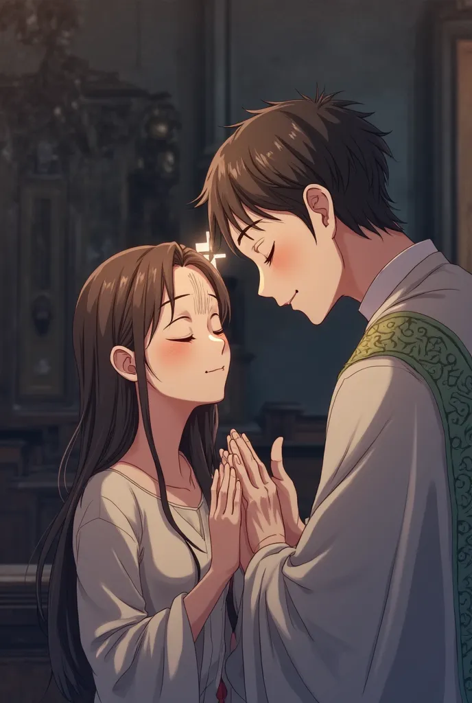 A Christian woman peacefully bowing her head. A priest solemnly smears cross-shaped ashes on her forehead.  Gentle light illuminates their faces , reflects serenity and solemnity in this Ash Wednesday celebration. anime
