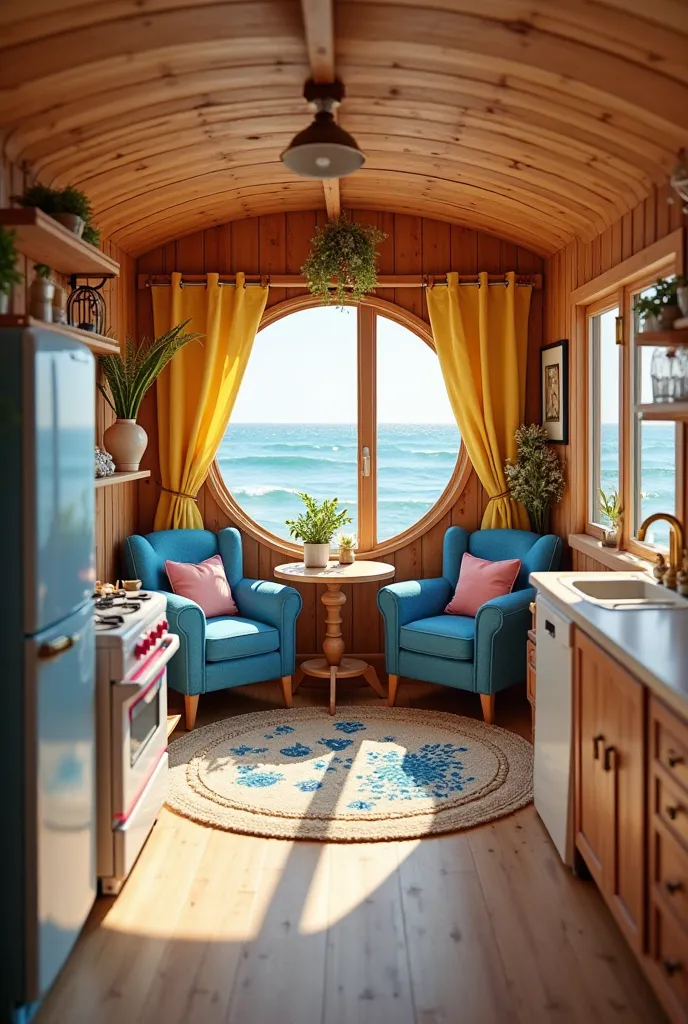 A small, cozy, circular Stitch kitchen, entirely in wood. To the left of the front door there is a blue and pink oven; On the side of the oven there is a white and blue wooden fridge. To the right of the fridge there is a large window with yellow cotton cu...