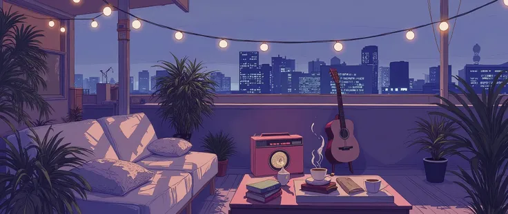 Rooftop at night、nighttime scene、outside of house、with no people、Calm and meditative atmosphere、houseplant、Lo-fi atmosphere、String Light、Cozy sofa、Pink radio with retro design、Hot coffee on the coffee table、Warm blanket、 books、There is an acoustic guitar、