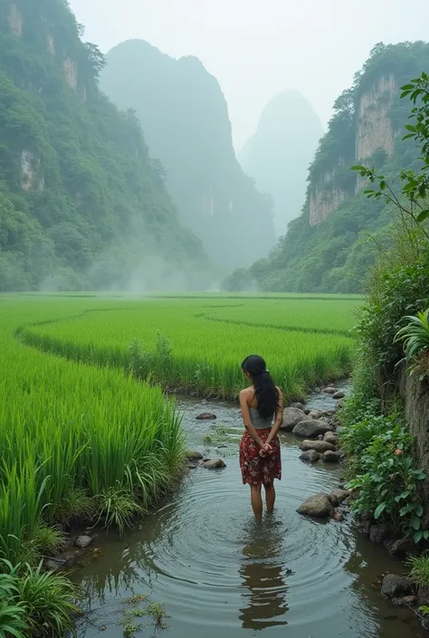 Create an image that displays a lush green landscape of rice fields and wild grass, Include waterfalls and rivers, and rocks, around the rice fields, a beautiful village girl is seen soaking in clear water, The location should be foggy, showing a beautiful...