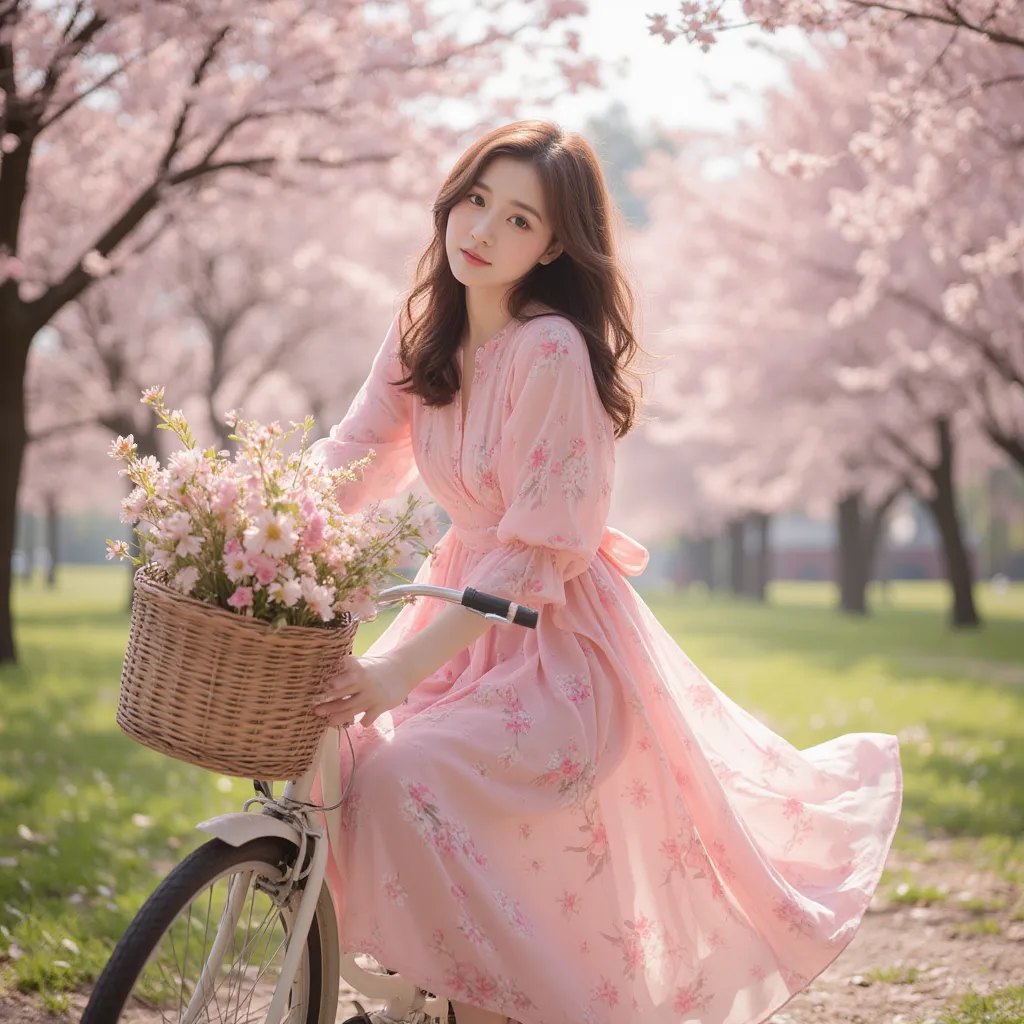 dreamy, impressionist, woman, flowing pink floral dress, vintage bicycle, flower basket, wavy brown hair, cherry blossoms, pastel colors, soft sunlight, ethereal, spring landscape, painterly brushstrokes, romantic, nature, warm tones