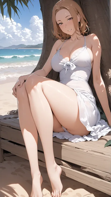 nsfw,1scene,cnc,High quality,Ultra-high resolution,High-definition illustrations,Masterpiece,extremely detailed, mature woman, medium breasts,mole under eye, (sundress, beach, under a tree), (gentle smile, demure demeanor), full shot 