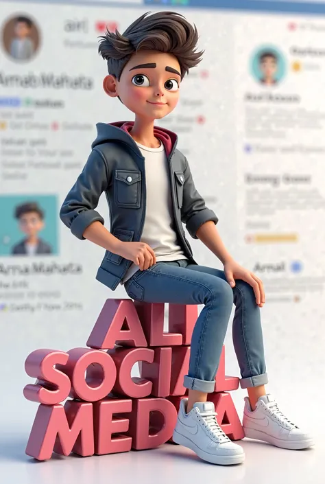 Created a 3D illustration of an animated character sitting casually on top of a social media logo "ALL SOCIAL MEDIA". the character must wear casual modern clothing such as jeans, a jacket, and Nike Air white color sneakers shoes. The image's background is...