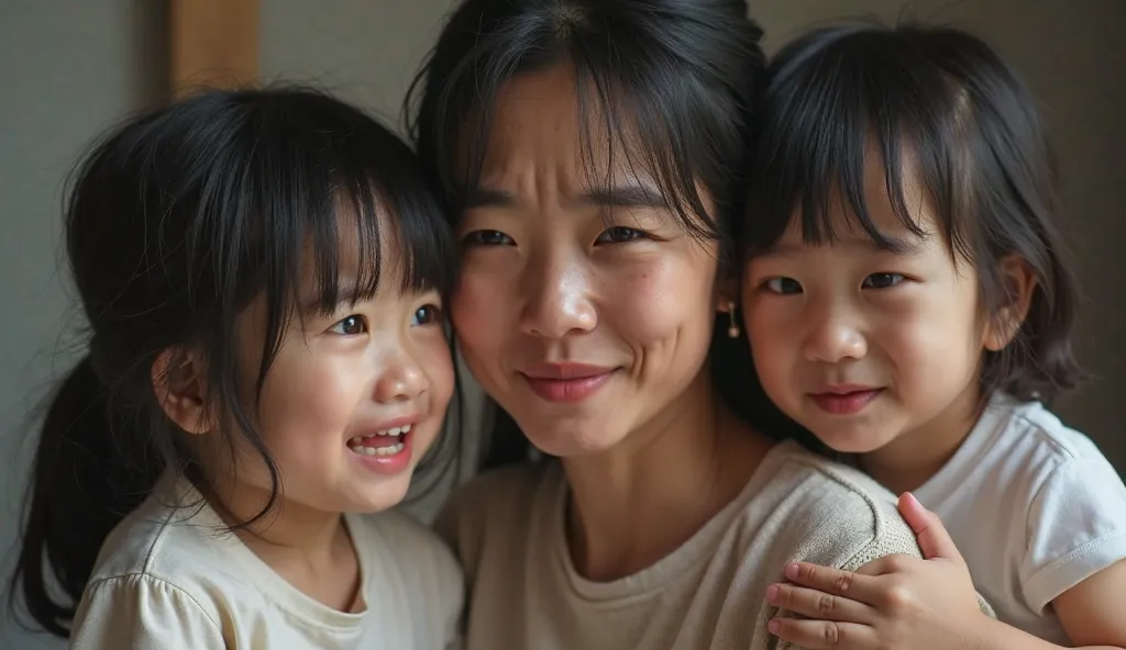  ACTUAL IMAGE  , 3 asians 1 mom holding 2 little s , they are crying 