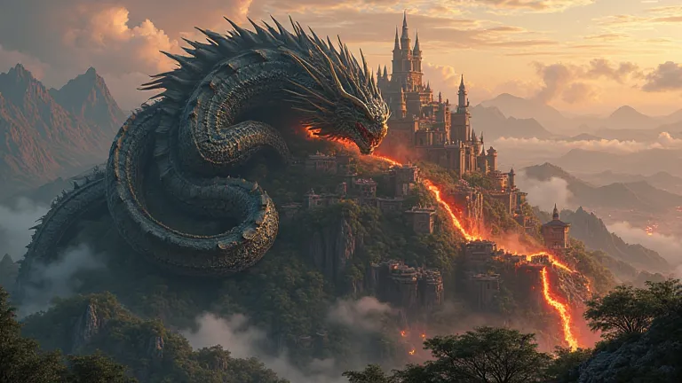 Visualize a giant dragon resting on top of a volcano. On its back, there is an ancient city surrounded by lava and forests. The buildings are made of black and gold stone, with bridges made of fire.