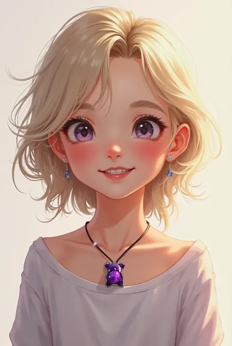 Smiling little blonde girl having a silver necklace with a bear-shaped pendant made of natural amethyst stone only in digital art style