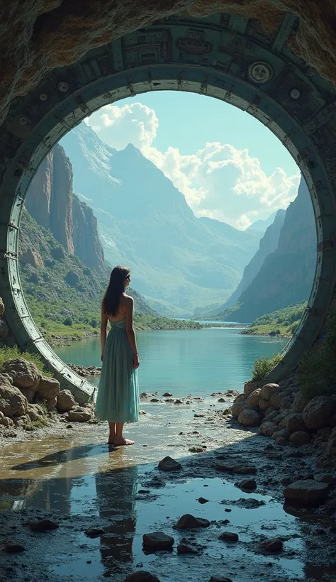 Inside a spaceship with a woman in short nightgown, standing looking at a river, epic dream fantasy landscape, awesome fantasy landscape, beautiful alien landscape, futuristic landscape, futuristic valley, striking alien landscape, surreal alien kingdom, m...