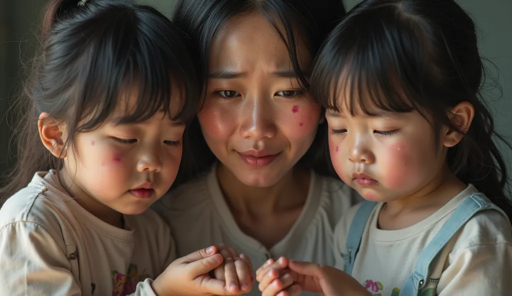  ACTUAL IMAGE  , 3 asians 1 mom holding 2 little s , they are crying 