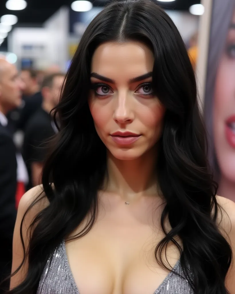 age 26, e girl, long thick black hair, curly hair styled wet with gel, blue eyes, slim bodytype, seductive look, pale skin, heavy makeup, ,captured in ultra-realistic 8K resolution using a Canon EOS R5 with a 50mm f/1.2 lens. Her face is sharply detailed, ...