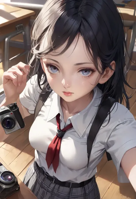 1 girl,classroomで一人女の子,realistic,8k,High Resolution,(perfect face:2),perfect eye,perfect body,super detailed face,viewers,Chest,,classroom,  table,1 girl, high school girl, from fitting, white shirt,  Grey Skirt , belt, camera from above,　 black hair