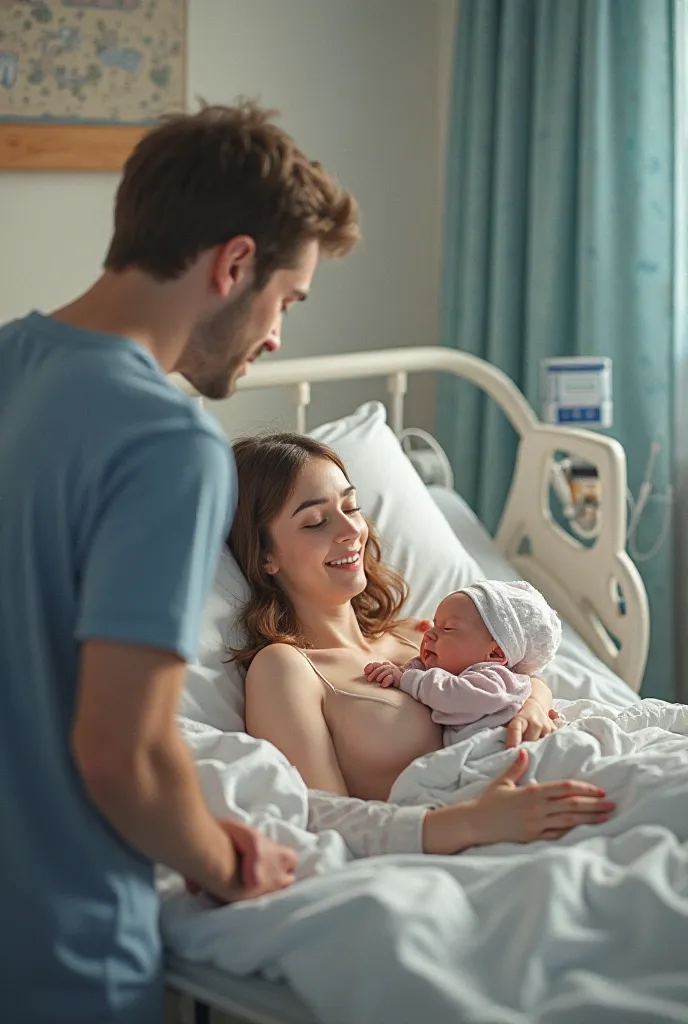 Prompt:

"A woman has just given birth to a baby in a hospital. The newborn is lying beside her on the hospital bed, while her husband stands next to them. Describe the scene in detail, including the emotions of the mother and father, the atmosphere of the...