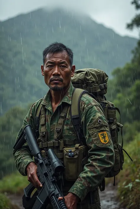 detailed picture of the black sky, heavy rain, a member of the Royal Malay Regiment with a genuine Malay face,a member of the royal Malay regiment with a tired face, rainwater drenching him, he was wearing a British Multicam MTP Multi Terrain Pattern camou...