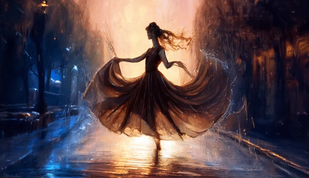 An oil painting of 'Dance of the Rain,' depicting a graceful dancer spinning under a luminous rainy sky. ((illustration style)), Warm golden light reflects off wet streets, blending with deep blues and purples. Expressive brushstrokes capture movement, wat...