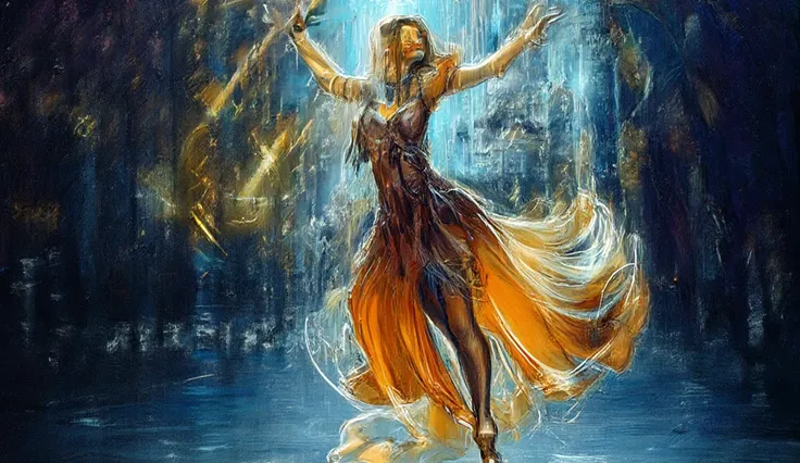 An oil painting of 'Dance of the Rain,' depicting a graceful dancer spinning under a luminous rainy sky. ((illustration style)), Warm golden light reflects off wet streets, blending with deep blues and purples. Expressive brushstrokes capture movement, wat...