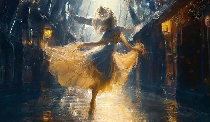 An oil painting of 'Dance of the Rain,' depicting a graceful dancer spinning under a luminous rainy sky. ((illustration style)), Warm golden light reflects off wet streets, blending with deep blues and purples. Expressive brushstrokes capture movement, wat...