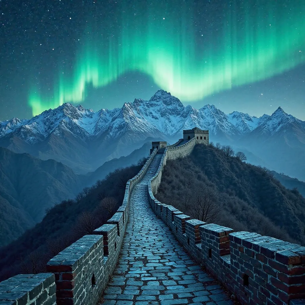 Chinese great wall , northern lights, many stars , mountains ,