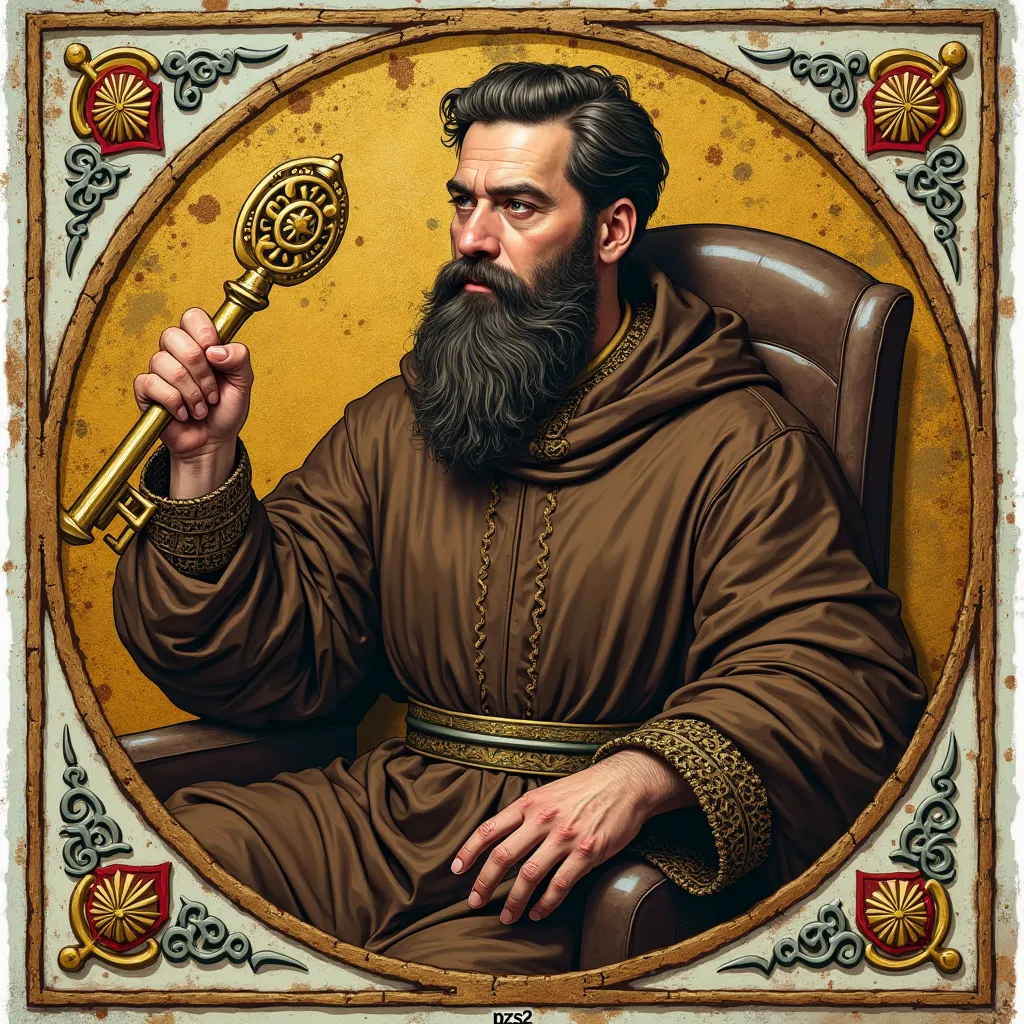 A medieval-style depiction of Piotr Wlostowic, inspired by the emblem of PZS2. He is portrayed as a seated bearded man wearing a brown robe, holding a large golden key in one hand and a book in the other. The background is a stylized medieval emblem with a...