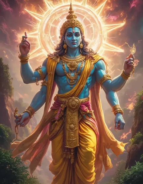extremely beautiful portrait of Lord Vishnu as the king of universe (blue skinned, yellow attire, golden jewellery, golden crown) , pointing his right index finger (index finger)) upwards (upwards) , behind him is a huge round wheel shaped divine discus(ch...