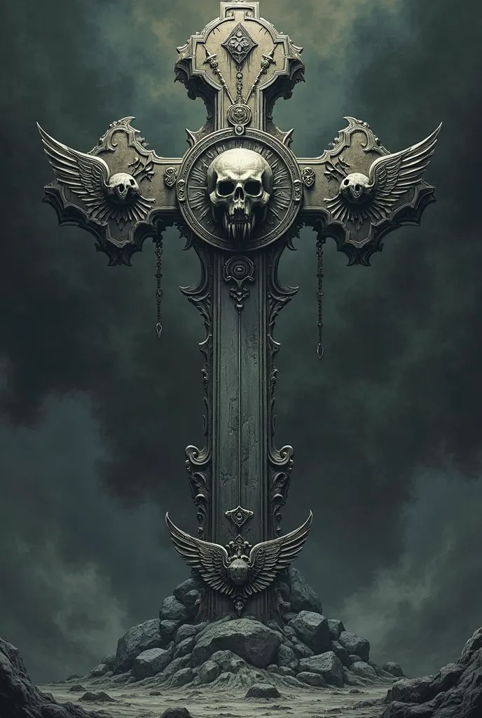 Gothic cross of 4 horsemen of apocalypse with attributes:sword of war, skull of death with fangs of famine, and on Hilt of sword Raven's wings of plague