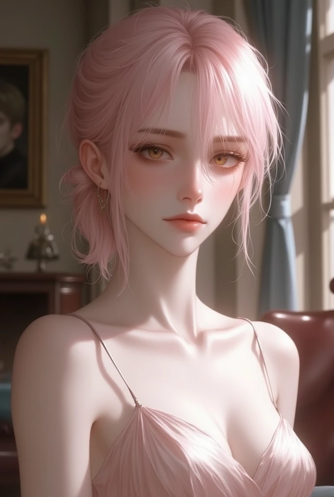 Young adult female. very pale, pale pink eyes and smooth pastel pink hair. Hair tied in a very short ponytail with bangs.  fine features, soft and graceful. Elegant dress with straps. Gentle but slightly sad expression looking at the spectator.  in the bac...