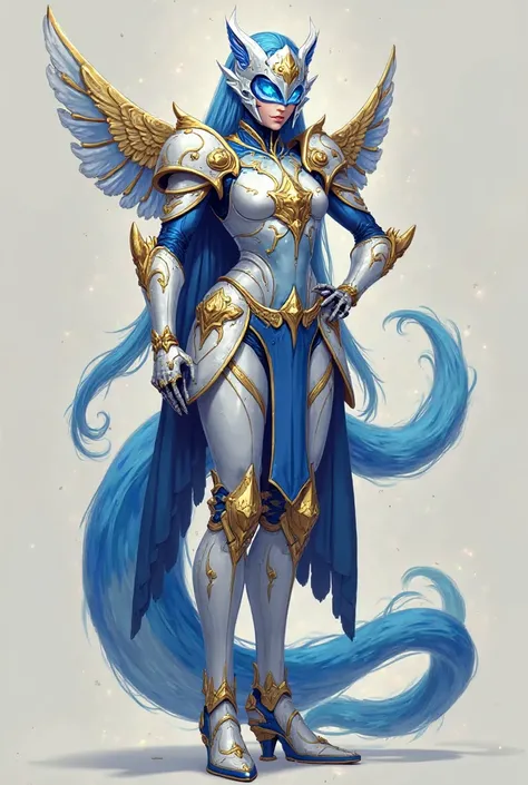 「a human-shaped stand with blue and white armor。Golden Accents、has a mask like a blue eye。The pattern of a map is on the head、thick chest plate and an accentuated butt。with blue tail and decorations like wings。one hand is on her waist、the other side indica...