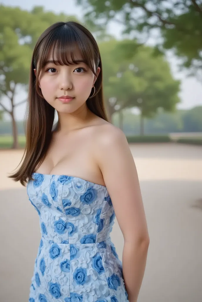 masterpiece, best quality, Cinematic photo, Japanese 18-year-old girl (semi long black straight hair, bangs reaching to eyebrows, straight hair, swaying hair, side fringe, Brown eyes), Complete Anatomy, Complete Hands, wearing a wearing blue floral mini dr...