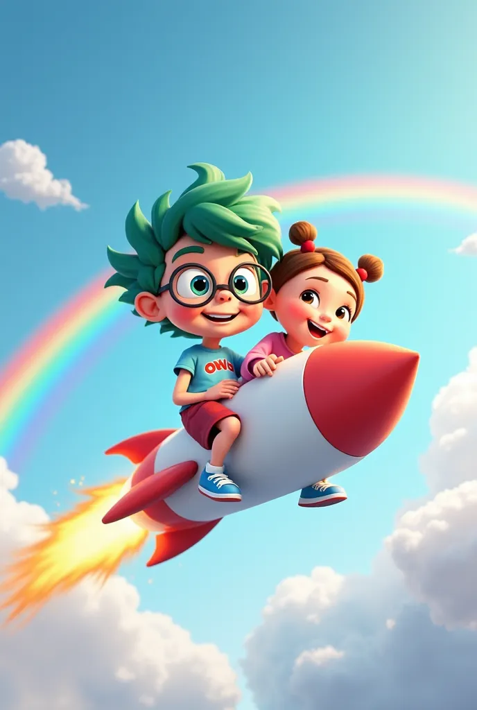 Owo and Uwu ride a sleek and colorful rocket soaring through the bright blue sky, surrounded by fluffy white clouds. A beautiful rainbow arcs across the background, adding a magical touch to the scene. Owo, sitting at the front, grips the rocket excitedly ...