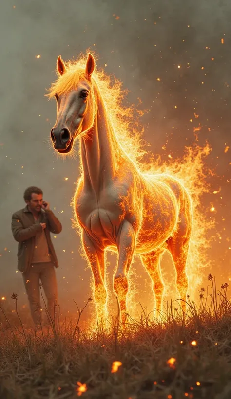 Ek white horse jiski body par fire lagi hai or horse pain se shouting kar raha around sukhi ghass hai image horse sit down haig behind ek man jo phone par ghabra kar bat kar raha hai