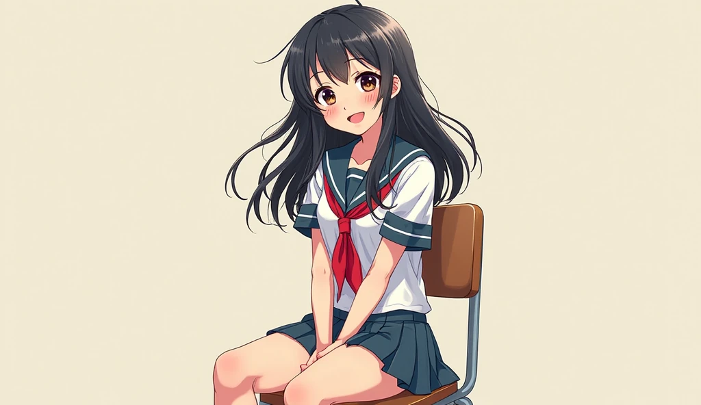 Illustration in anime style. Full body photo of 18-year-old girl wearing high school clothes, smiling, eyes sparkling, hands between legs. black hair, black eyes, white skin, sitting on a school chair