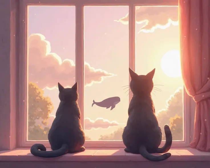  High quality image,  black cat, of the back, indoors looking out at the French glass window, Outside sky with clouds, an animated whale silhouette in the sky, Sunlight from the right side,  lilac colors, pink with beige, 2d,  animated, Warm and soft, con ...