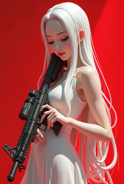 3D style beautiful Asian skin, urope face woman, closed eyes, hold a M416 glacier skin gun, dress like a princess, white long hair, ratio is 2x2, upper half body, background is red, all look like feel killing mind.