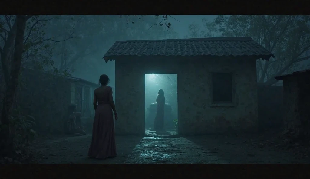 "A dark and suspenseful YouTube thumbnail for a real crime story. The scene features a foggy village night with a dimly lit traditional house. A worried Indian mother stands at the doorway, looking inside with fear. Inside the house, a faint silhouette of ...