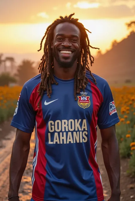 A very handsome men from Papua New Guinea with very long dread locks wearing a blu White and red Rugby league jersey with the word "GOROKA LAHANIS" printed on the front smiling happily with s on a muddy road with very beautiful flowers and sunset breaking ...