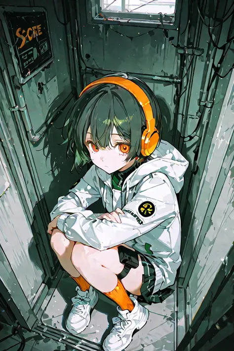 score_9, score_8_up , score_7_up , score_6_up , score_5_up , score_4_up ,4K,8k, 1girl  ,oversized hooded white down jacket on thighs and knees,dark green short cut hair, orange headphones,ruby eyes, miniskirt,making a peace sign,black thigh and knee pouch,...