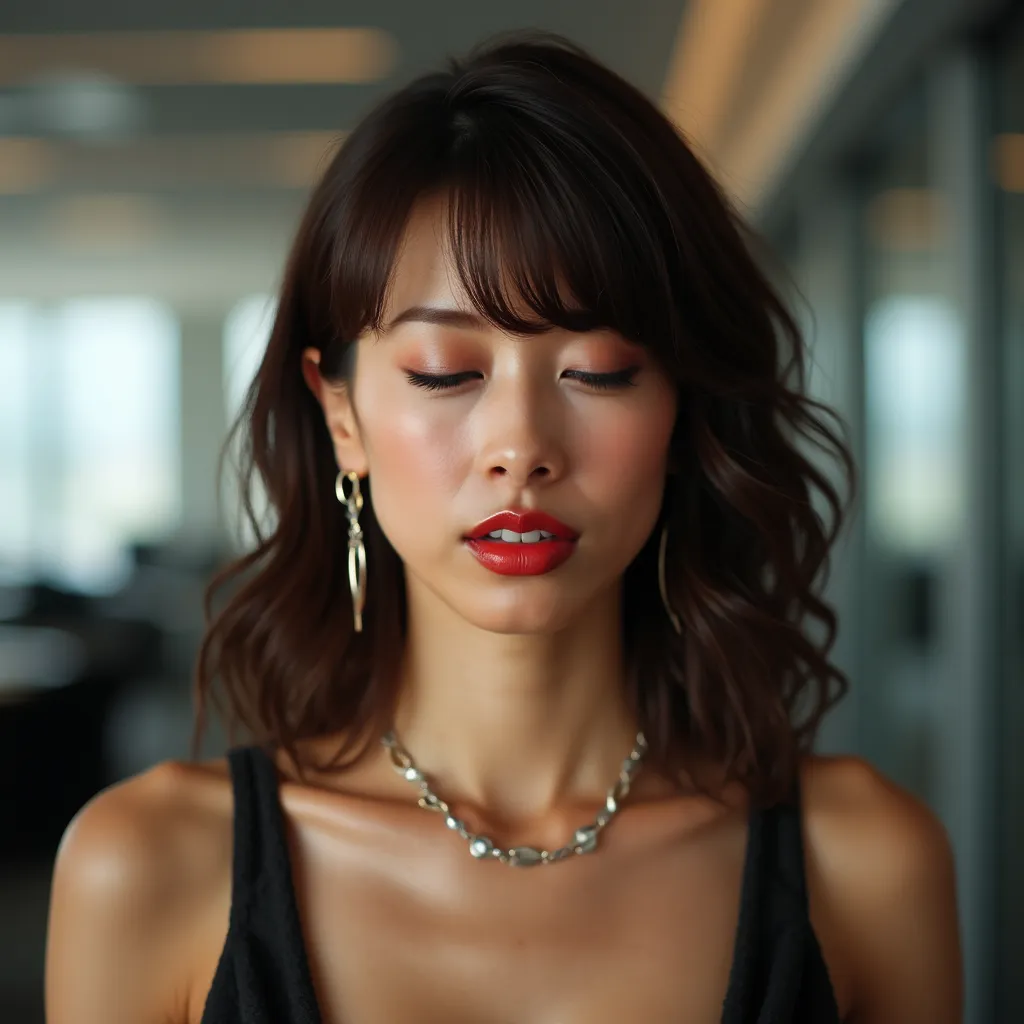 （Highest quality，4K，masterpiece：1.2）、((image viewed from the front:1.5))、( completely naked in the office:1.3)、opens her mouth、necklaces、 thick makeup、lipstick、false eyelashes、high heels、(Super beautiful)、(Super beautiful顔)、(Detailed face:1.5)、(has a livel...